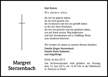 Anzeige von Margret Sterzenbach von Kölner Stadt-Anzeiger / Kölnische Rundschau / Express