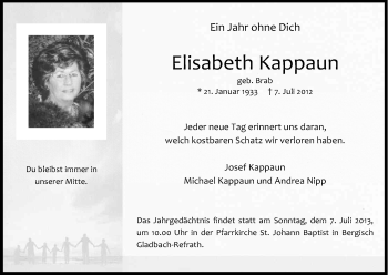 Anzeige von Elisabeth Kappaun von Kölner Stadt-Anzeiger / Kölnische Rundschau / Express