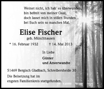 Anzeige von Elise Fischer von Kölner Stadt-Anzeiger / Kölnische Rundschau / Express
