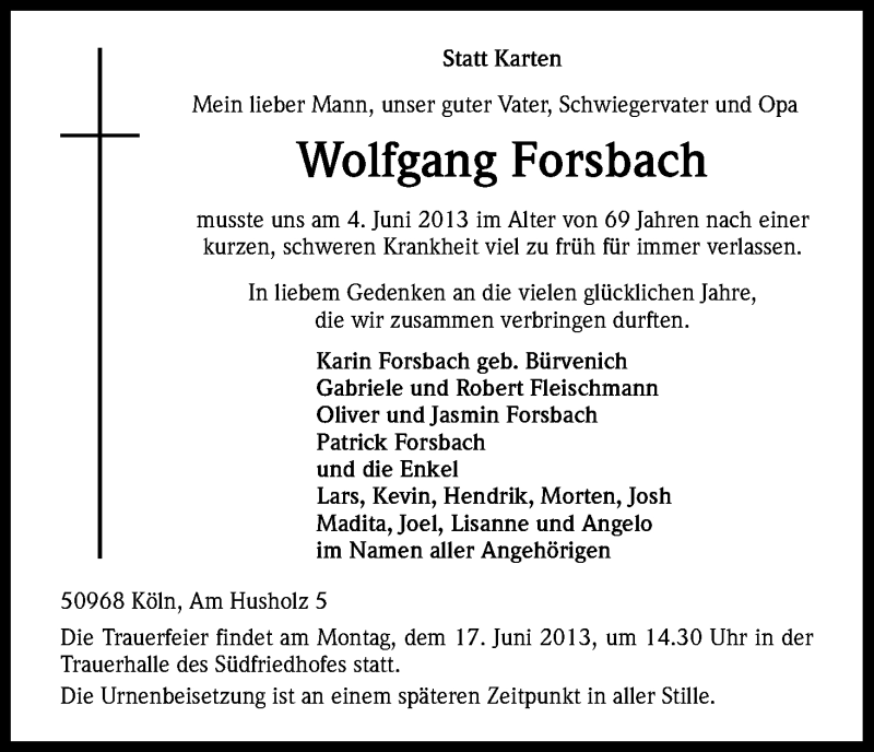  Traueranzeige für Wolfgang Forsbach vom 08.06.2013 aus Kölner Stadt-Anzeiger / Kölnische Rundschau / Express