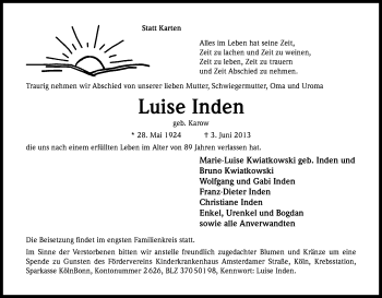 Anzeige von Luise Inden von Kölner Stadt-Anzeiger / Kölnische Rundschau / Express