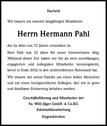 Anzeige von Hermann Pahl von Kölner Stadt-Anzeiger / Kölnische Rundschau / Express