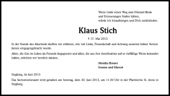 Anzeige von Klaus Stich von Kölner Stadt-Anzeiger / Kölnische Rundschau / Express