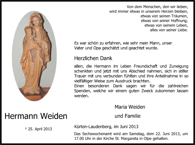 Traueranzeige für Hermann Weiden vom 15.06.2013 aus Kölner Stadt-Anzeiger / Kölnische Rundschau / Express