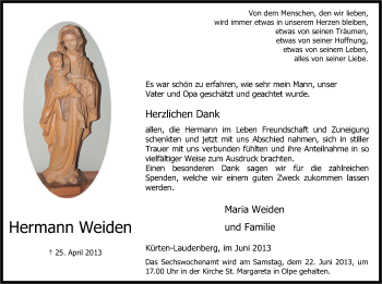 Anzeige von Hermann Weiden von Kölner Stadt-Anzeiger / Kölnische Rundschau / Express