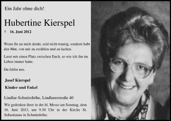 Anzeige von Hubertine Kierspel von Kölner Stadt-Anzeiger / Kölnische Rundschau / Express