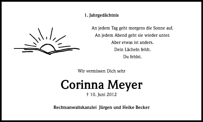  Traueranzeige für Corinna Meyer vom 10.06.2013 aus Kölner Stadt-Anzeiger / Kölnische Rundschau / Express