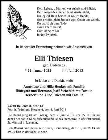 Anzeige von Elli Thiesen von Kölner Stadt-Anzeiger / Kölnische Rundschau / Express