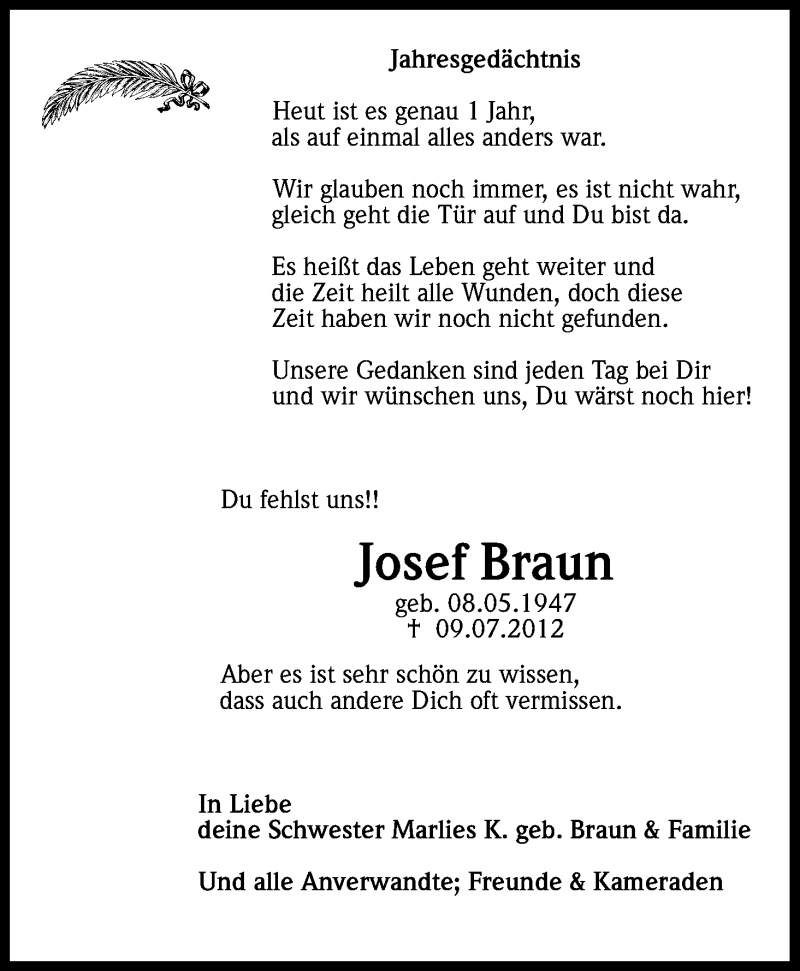  Traueranzeige für Josef Braun vom 09.07.2013 aus Kölner Stadt-Anzeiger / Kölnische Rundschau / Express