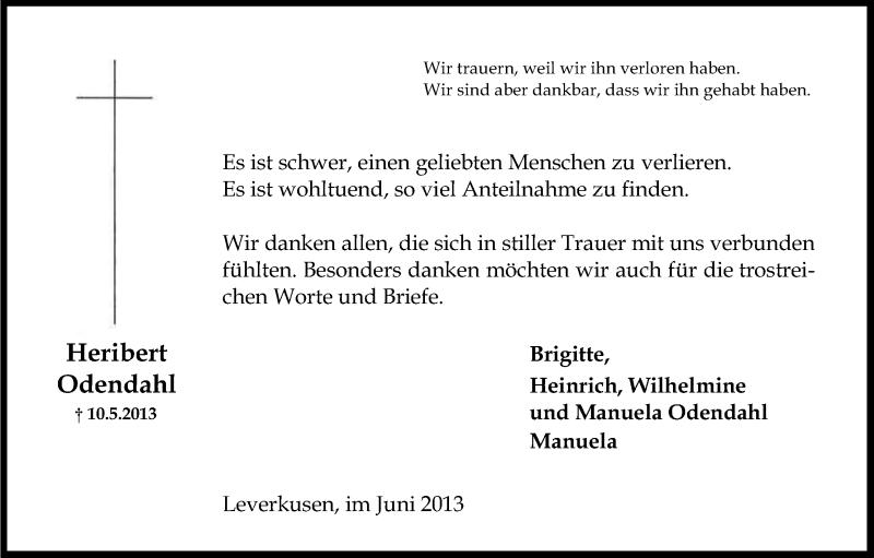  Traueranzeige für Heribert Odendahl vom 13.06.2013 aus Kölner Stadt-Anzeiger / Kölnische Rundschau / Express