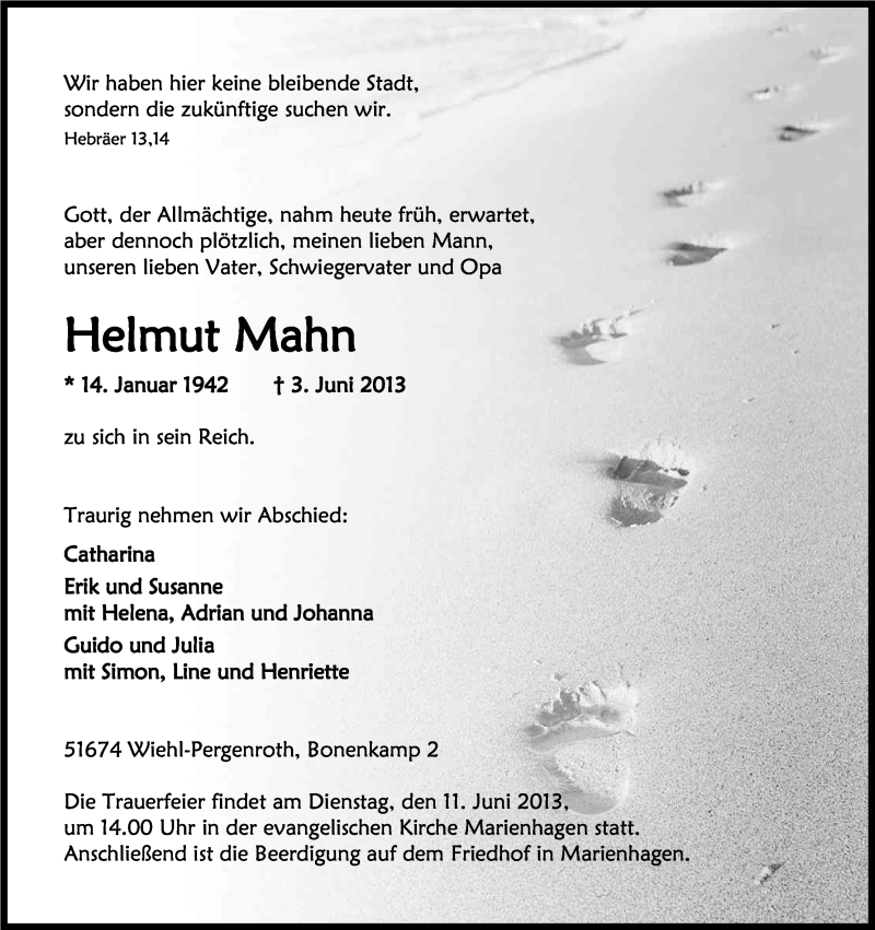  Traueranzeige für Helmut Mahn vom 06.06.2013 aus Kölner Stadt-Anzeiger / Kölnische Rundschau / Express