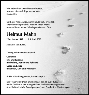 Anzeige von Helmut Mahn von Kölner Stadt-Anzeiger / Kölnische Rundschau / Express
