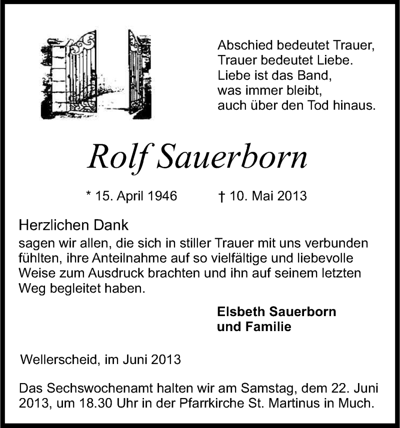  Traueranzeige für Rolf Sauerborn vom 15.06.2013 aus Kölner Stadt-Anzeiger / Kölnische Rundschau / Express