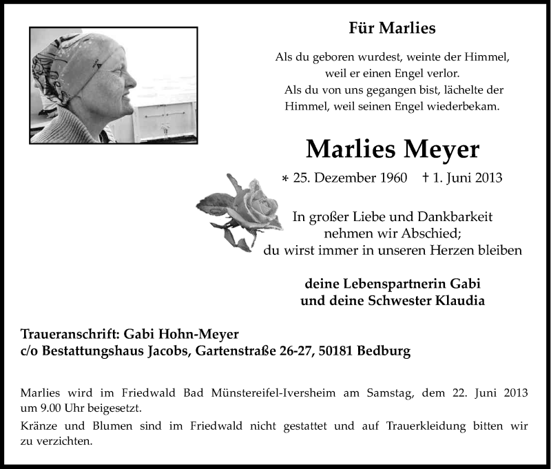  Traueranzeige für Marlies Meyer vom 08.06.2013 aus Kölner Stadt-Anzeiger / Kölnische Rundschau / Express