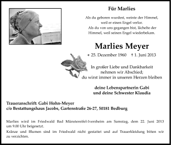 Anzeige von Marlies Meyer von Kölner Stadt-Anzeiger / Kölnische Rundschau / Express