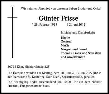 Anzeige von Günter Frisse von Kölner Stadt-Anzeiger / Kölnische Rundschau / Express