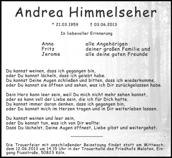 Anzeige von Andrea Himmelseher von Kölner Stadt-Anzeiger / Kölnische Rundschau / Express