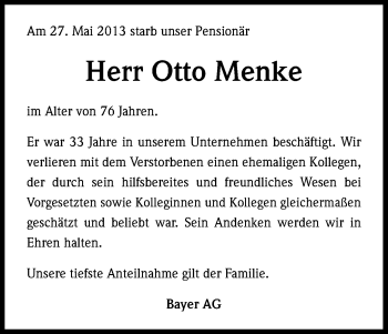 Anzeige von Otto Menke von Kölner Stadt-Anzeiger / Kölnische Rundschau / Express