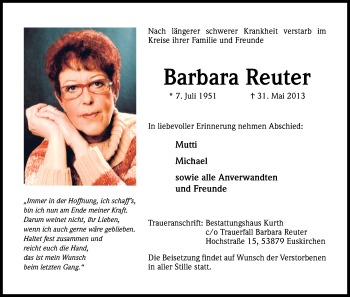 Anzeige von Barbara Reuter von Kölner Stadt-Anzeiger / Kölnische Rundschau / Express