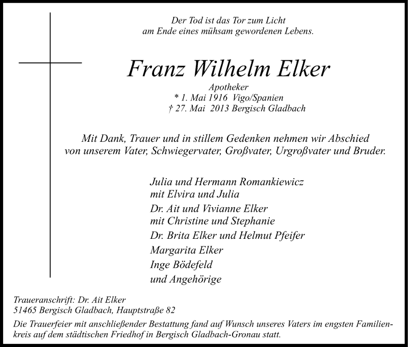  Traueranzeige für Franz Wilhelm Elker vom 06.06.2013 aus Kölner Stadt-Anzeiger / Kölnische Rundschau / Express