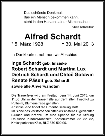 Anzeige von Alfred Schardt von Kölner Stadt-Anzeiger / Kölnische Rundschau / Express