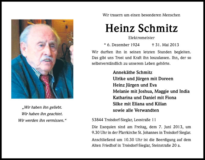  Traueranzeige für Heinz Schmitz vom 06.06.2013 aus Kölner Stadt-Anzeiger / Kölnische Rundschau / Express