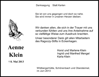 Anzeige von Aenne Klein von Kölner Stadt-Anzeiger / Kölnische Rundschau / Express