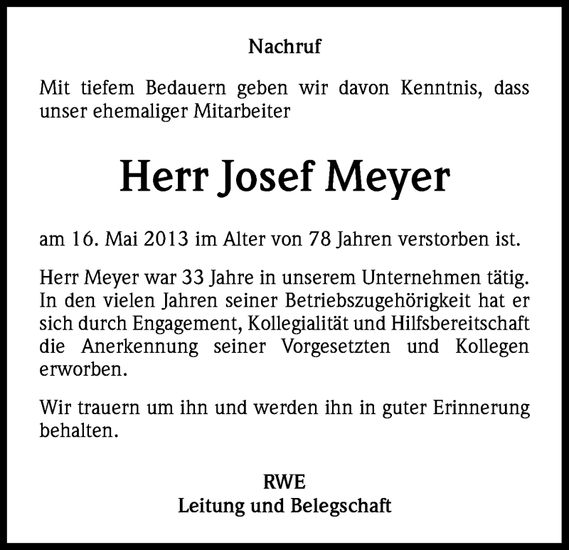  Traueranzeige für Josef Meyer vom 06.06.2013 aus Kölner Stadt-Anzeiger / Kölnische Rundschau / Express