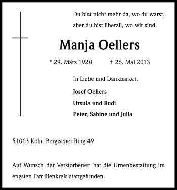 Anzeige von Manja Oellers von Kölner Stadt-Anzeiger / Kölnische Rundschau / Express