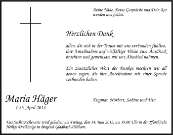 Anzeige von Maria Häger von Kölner Stadt-Anzeiger / Kölnische Rundschau / Express