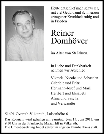 Anzeige von Reiner Domhöver von Kölner Stadt-Anzeiger / Kölnische Rundschau / Express
