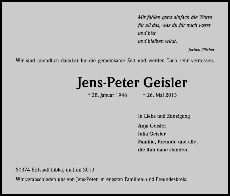  Traueranzeige für Jens-Peter Geisler vom 08.06.2013 aus Kölner Stadt-Anzeiger / Kölnische Rundschau / Express