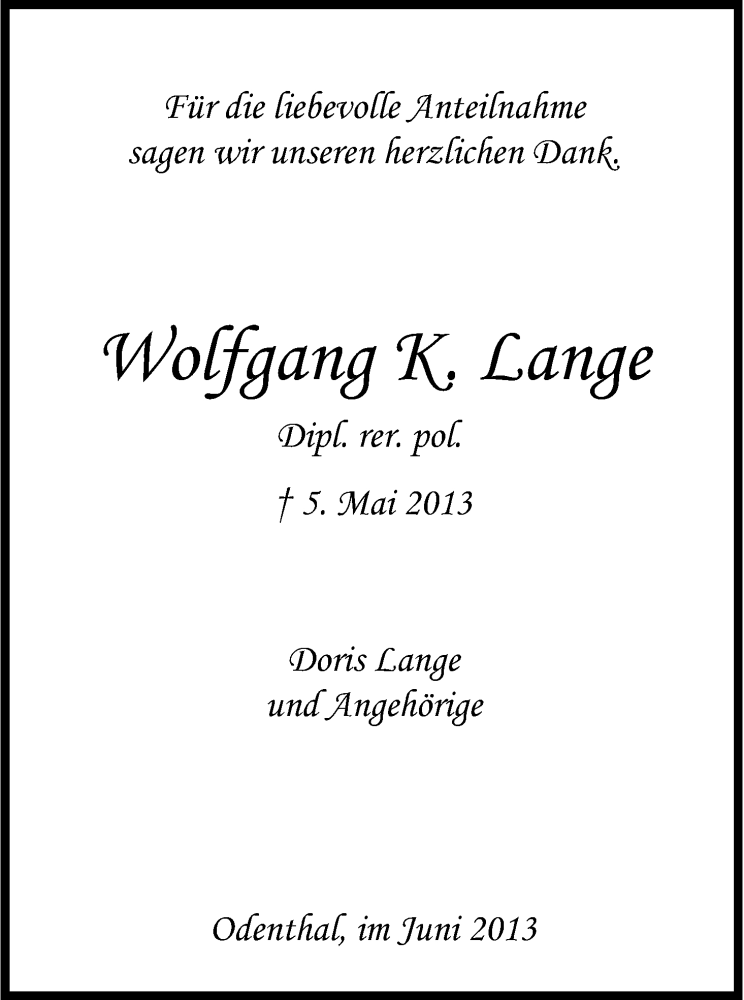  Traueranzeige für Wolfgang Lange vom 08.06.2013 aus Kölner Stadt-Anzeiger / Kölnische Rundschau / Express