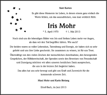 Anzeige von Iris Mohr von Kölner Stadt-Anzeiger / Kölnische Rundschau / Express