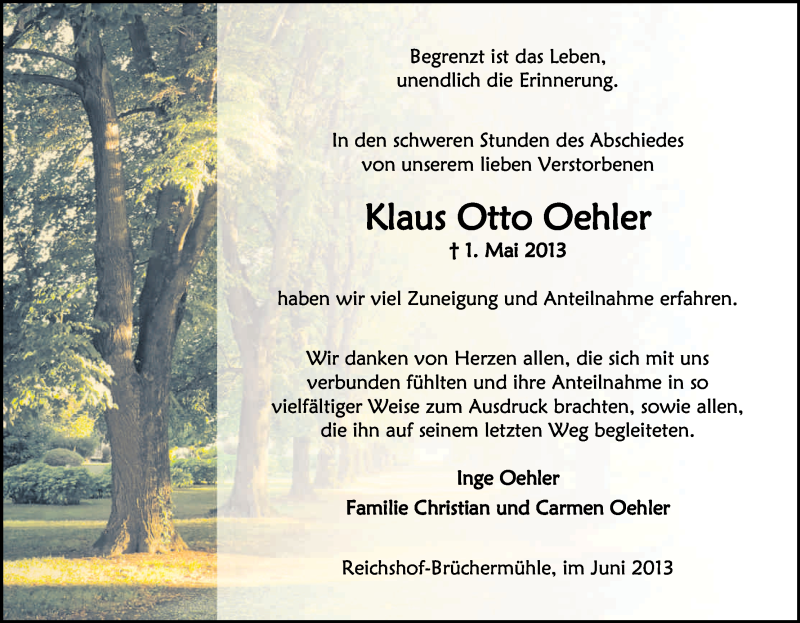  Traueranzeige für Klaus Otto Oehler vom 08.06.2013 aus Kölner Stadt-Anzeiger / Kölnische Rundschau / Express
