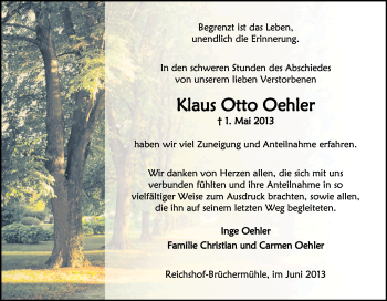 Anzeige von Klaus Otto Oehler von Kölner Stadt-Anzeiger / Kölnische Rundschau / Express