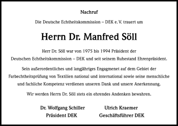 Anzeige von Manfred Söll von Kölner Stadt-Anzeiger / Kölnische Rundschau / Express