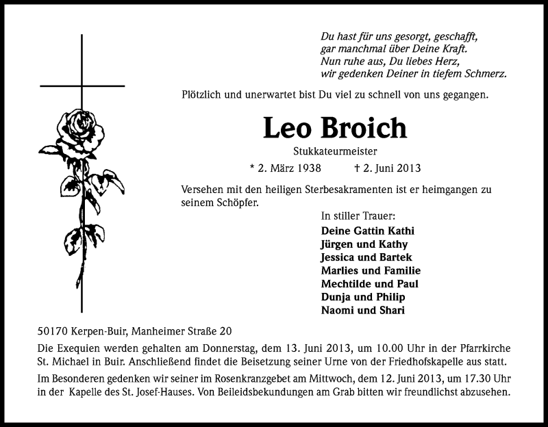  Traueranzeige für Leo Broich vom 08.06.2013 aus Kölner Stadt-Anzeiger / Kölnische Rundschau / Express