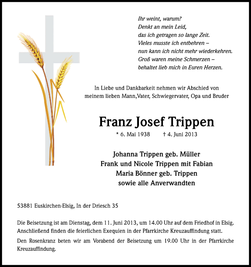  Traueranzeige für Franz Josef Trippen vom 08.06.2013 aus Kölner Stadt-Anzeiger / Kölnische Rundschau / Express