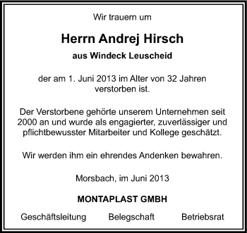 Anzeige von Andrej Hirsch von Kölner Stadt-Anzeiger / Kölnische Rundschau / Express