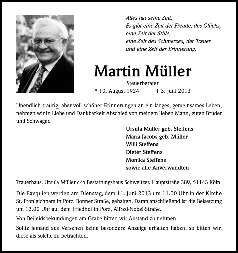  Traueranzeige für Martin Müller vom 08.06.2013 aus Kölner Stadt-Anzeiger / Kölnische Rundschau / Express