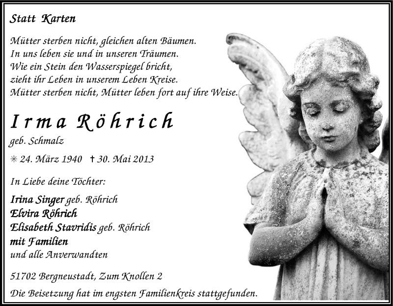  Traueranzeige für Irma Röhrich vom 07.06.2013 aus Kölner Stadt-Anzeiger / Kölnische Rundschau / Express