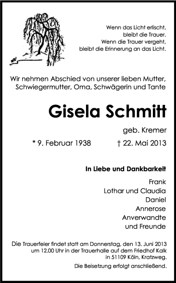 Anzeige von Gisela Schmitt von Kölner Stadt-Anzeiger / Kölnische Rundschau / Express