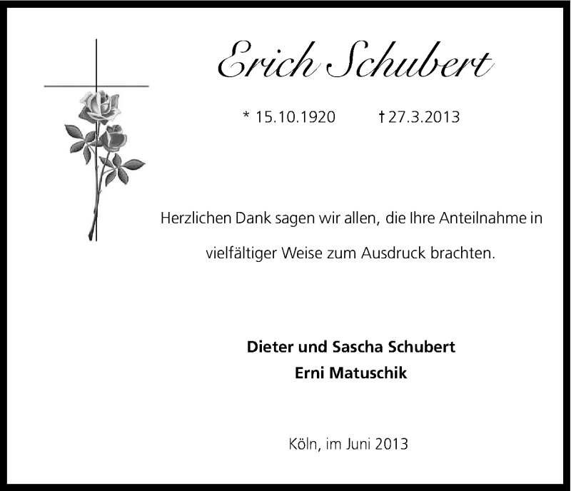  Traueranzeige für Erich Schubert vom 07.06.2013 aus Kölner Stadt-Anzeiger / Kölnische Rundschau / Express
