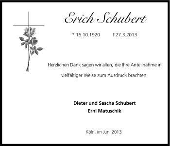 Anzeige von Erich Schubert von Kölner Stadt-Anzeiger / Kölnische Rundschau / Express