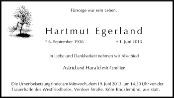 Anzeige von Hartmut Egerland von Kölner Stadt-Anzeiger / Kölnische Rundschau / Express