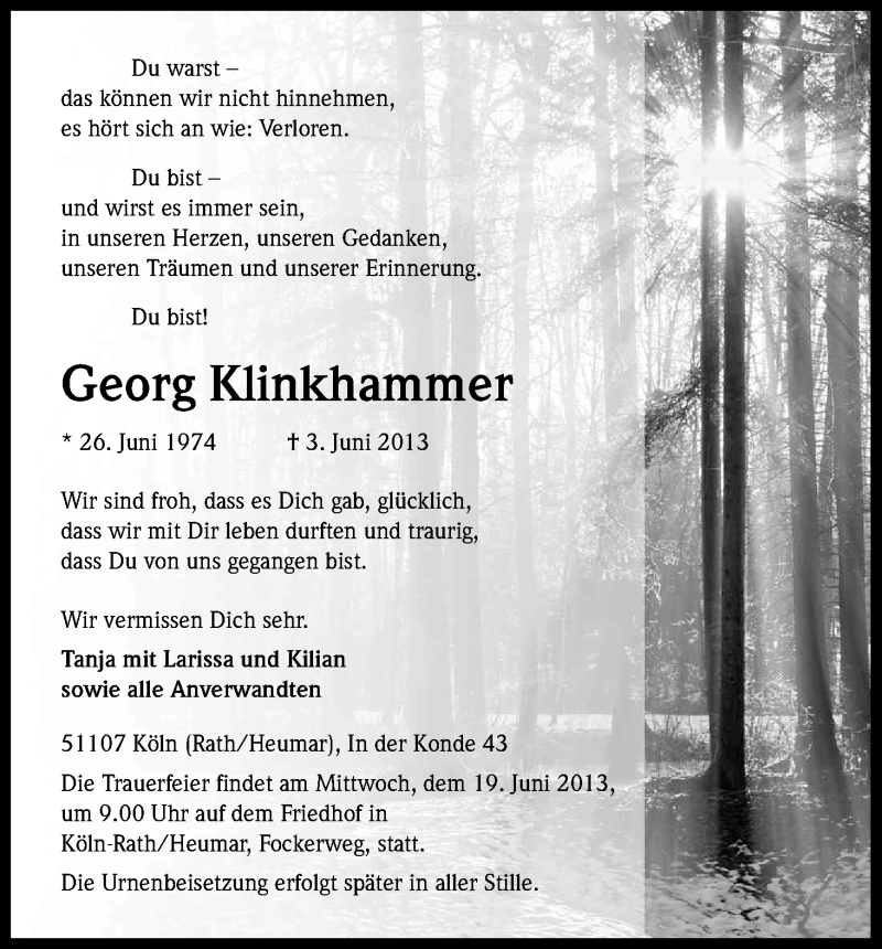  Traueranzeige für Georg Klinkhammer vom 08.06.2013 aus Kölner Stadt-Anzeiger / Kölnische Rundschau / Express