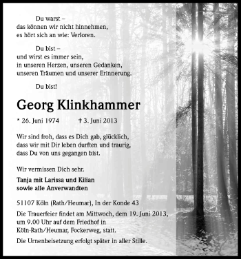 Anzeige von Georg Klinkhammer von Kölner Stadt-Anzeiger / Kölnische Rundschau / Express