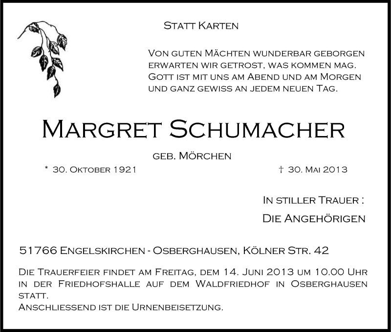  Traueranzeige für Margret Schumacher vom 07.06.2013 aus Kölner Stadt-Anzeiger / Kölnische Rundschau / Express