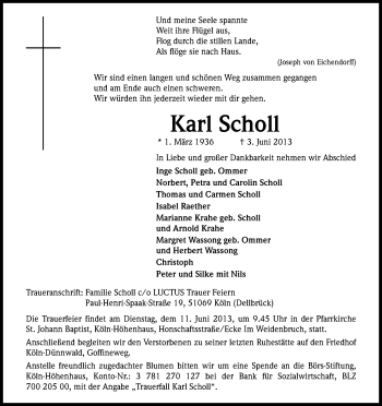 Anzeige von Karl Scholl von Kölner Stadt-Anzeiger / Kölnische Rundschau / Express